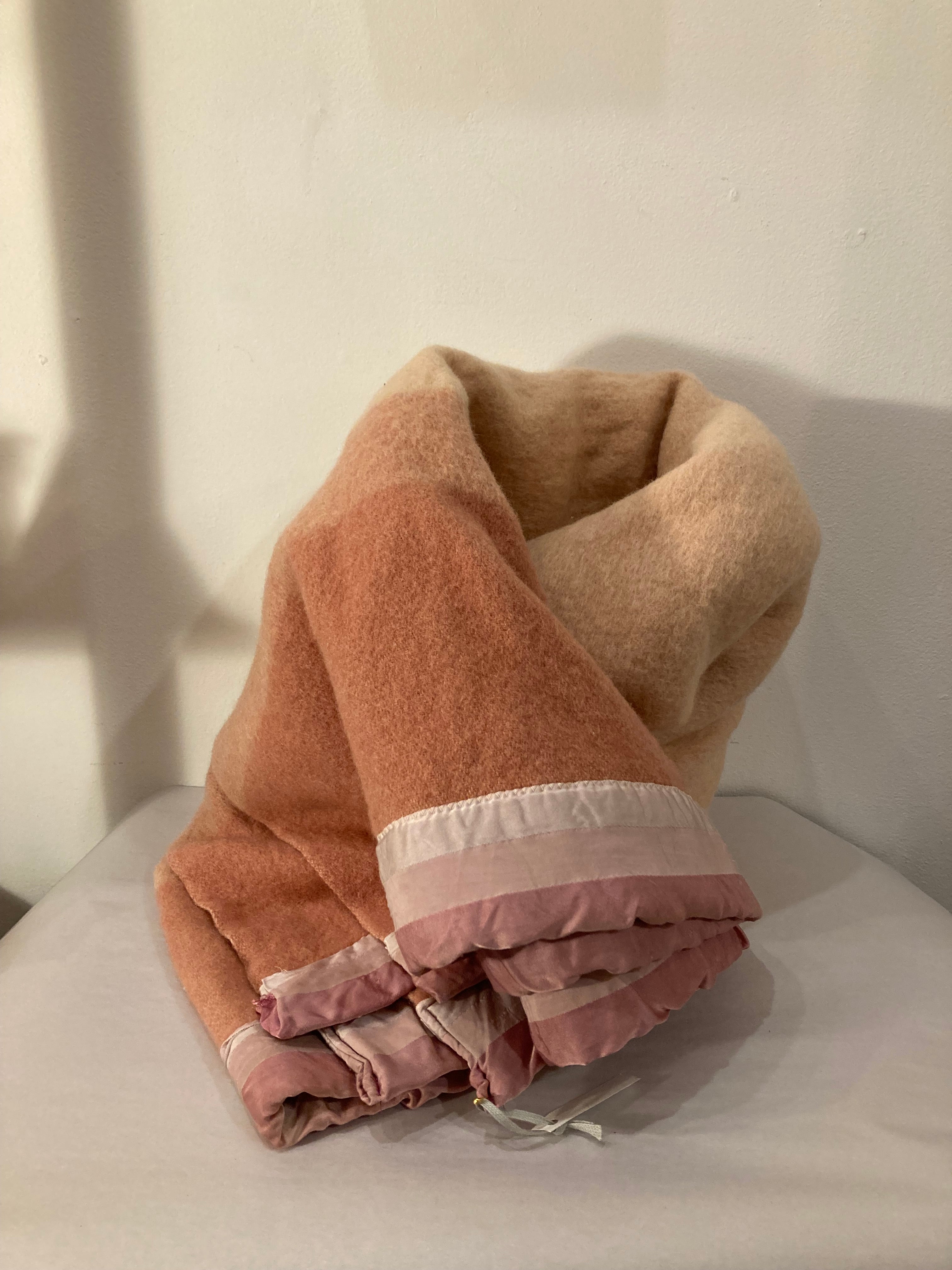 Twin Size Vintage Pink Stripe Wool Blanket