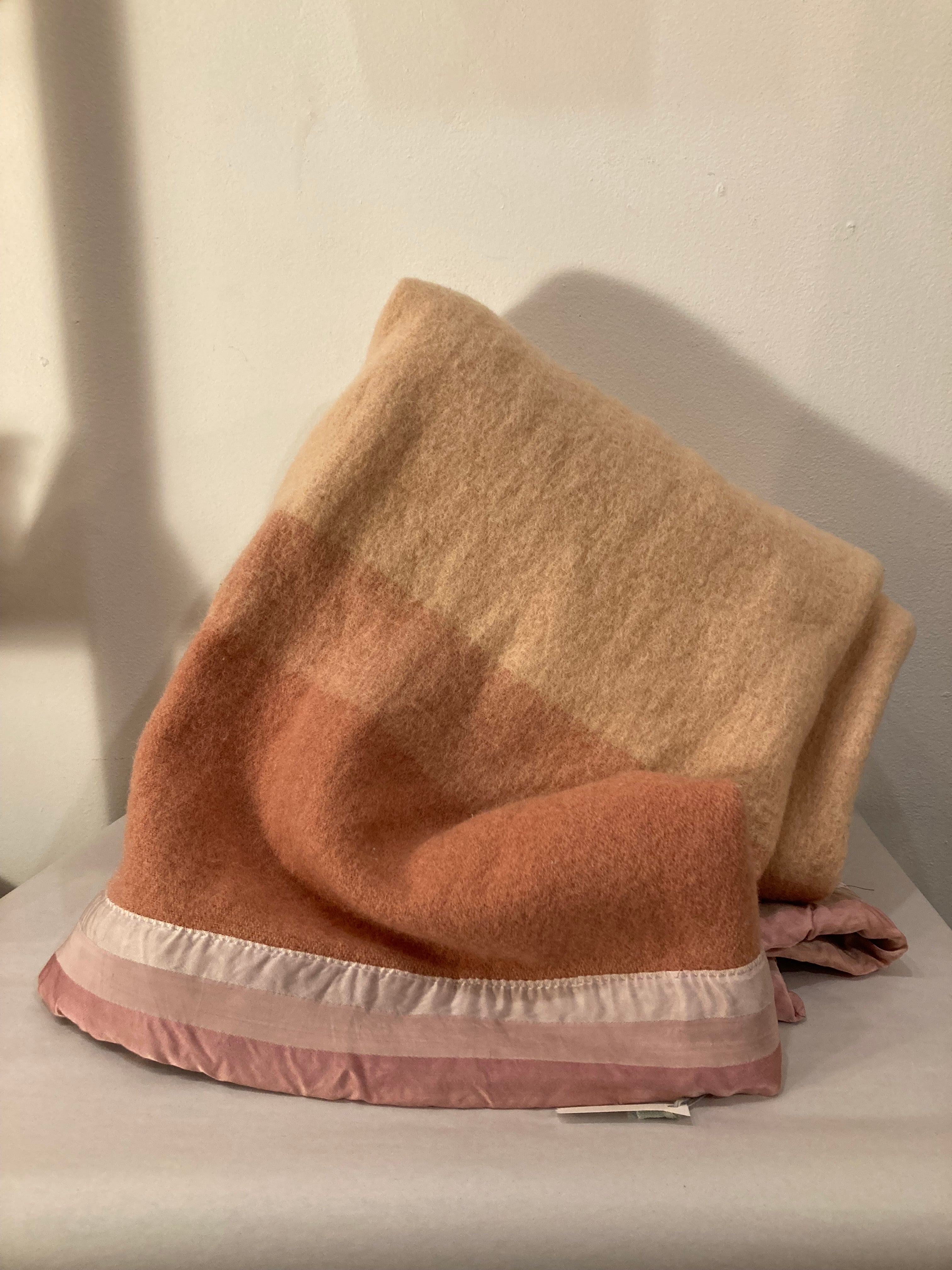 Twin Size Vintage Pink Stripe Wool Blanket