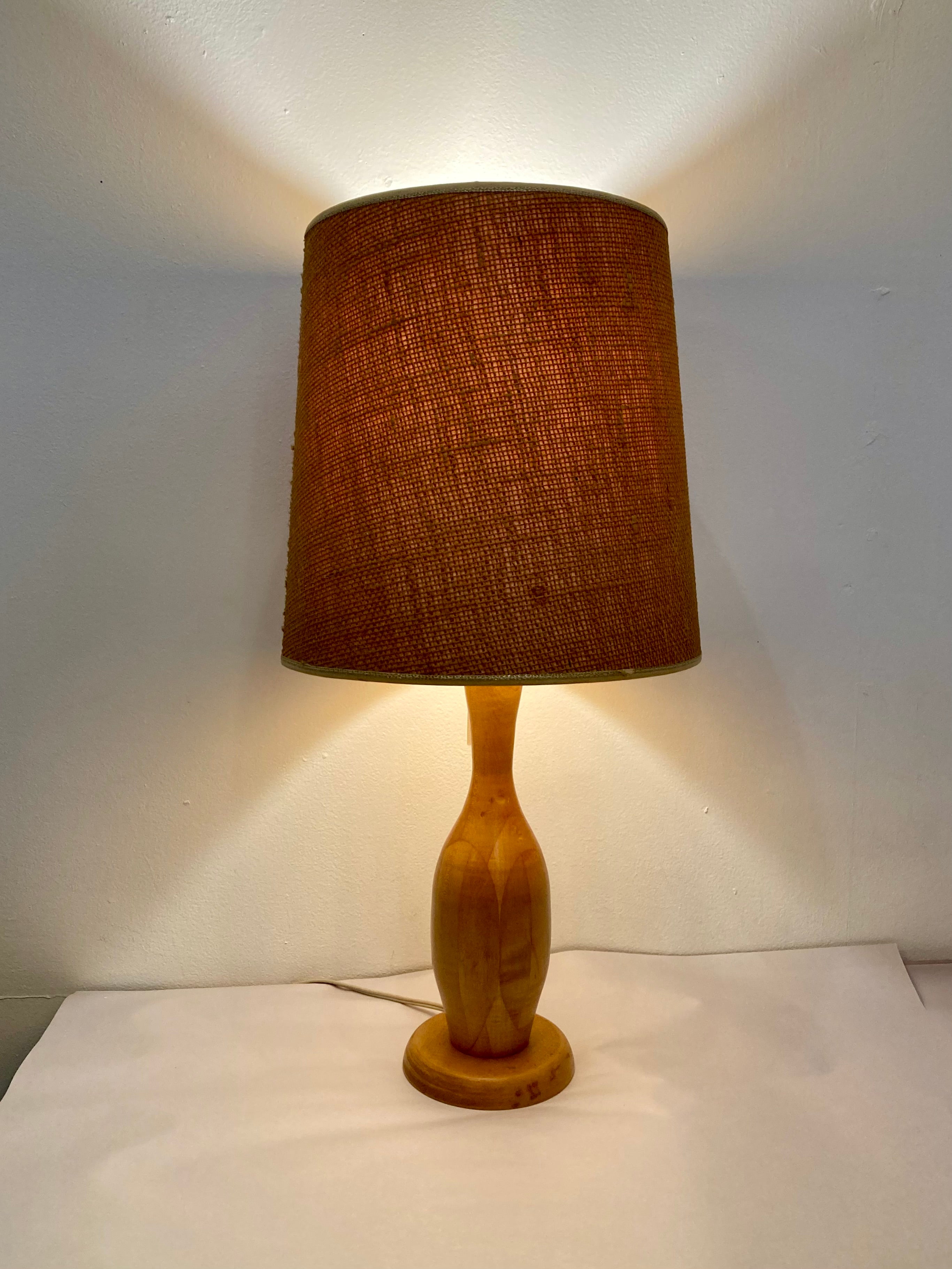 Mod turned wood lamp, burlap shade
