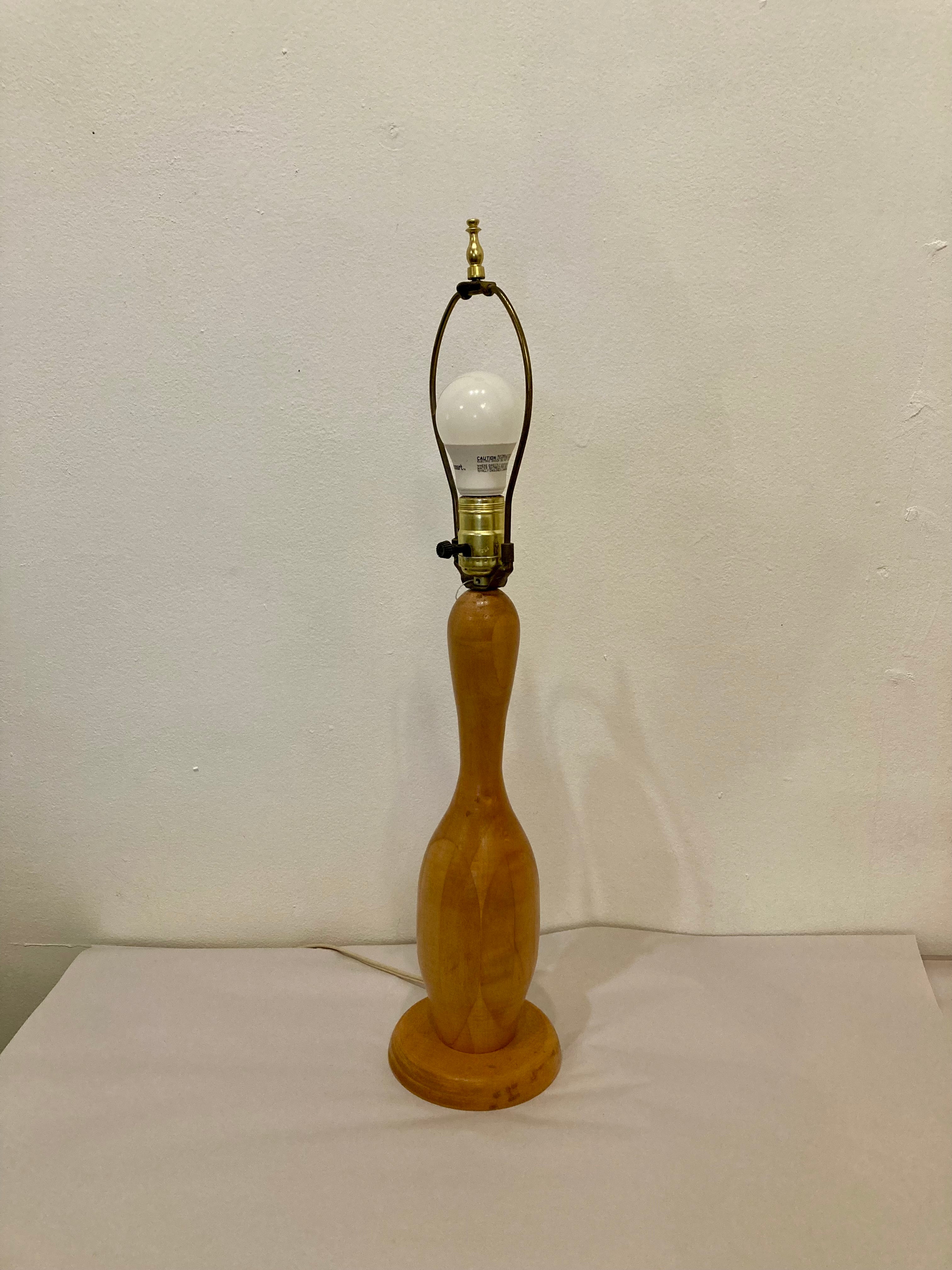 Mod turned wood lamp, burlap shade