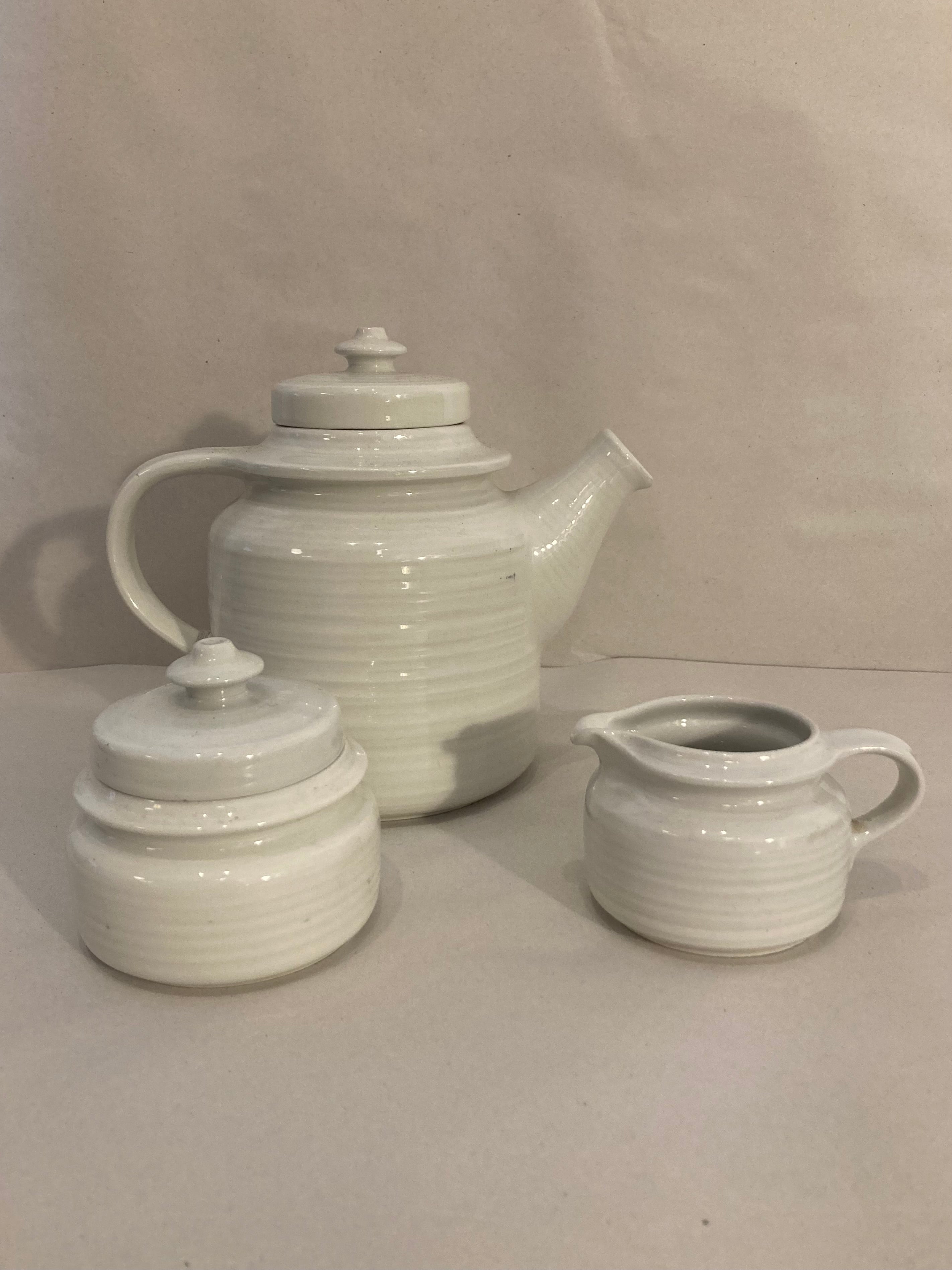 Arabia White Ceramic Tea Pot, Creamer, Sugar Bowl Set