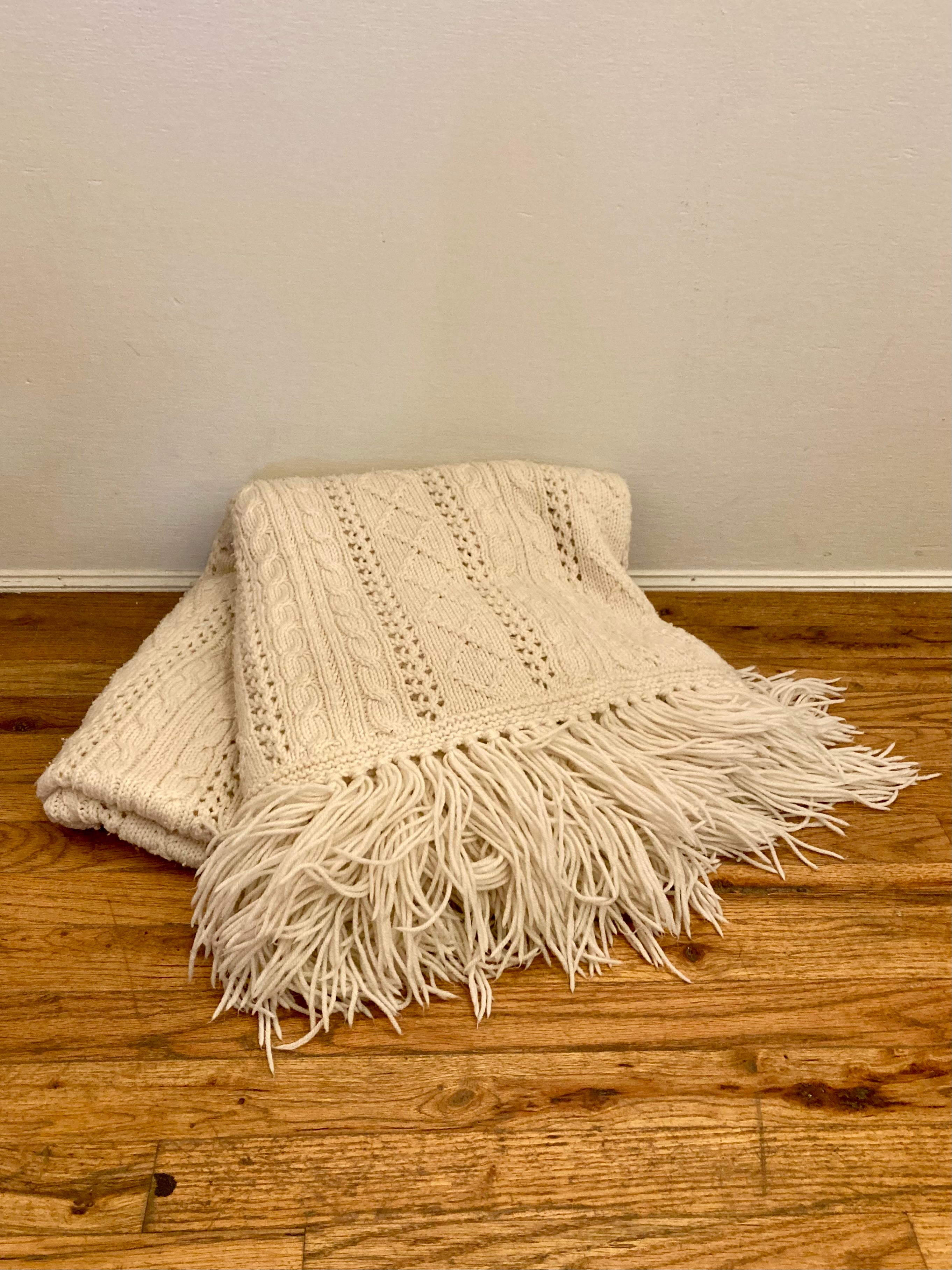 Cream Fringed Cable Knit Throw
