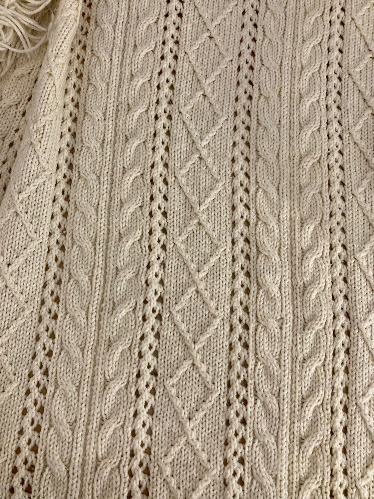 Cream Fringed Cable Knit Throw