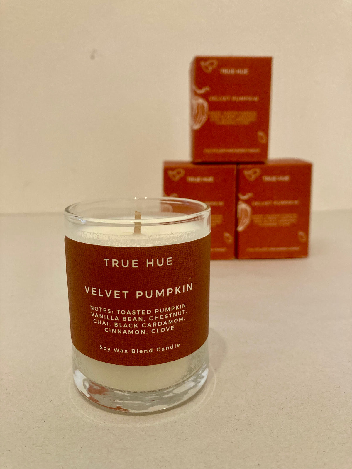 True Hue Velvet Pumpkin mini candle